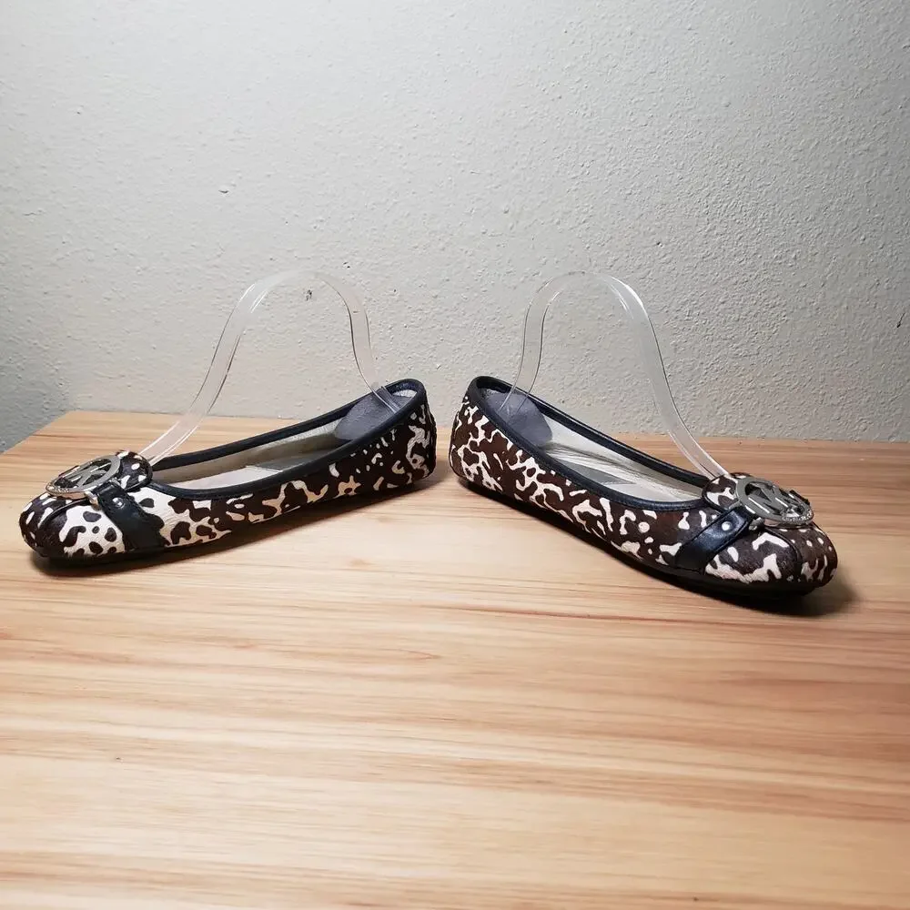 Michael Kors Women's 7 Calfhair Ballet Logo Flats Brown‎ Tan Cow Print Western